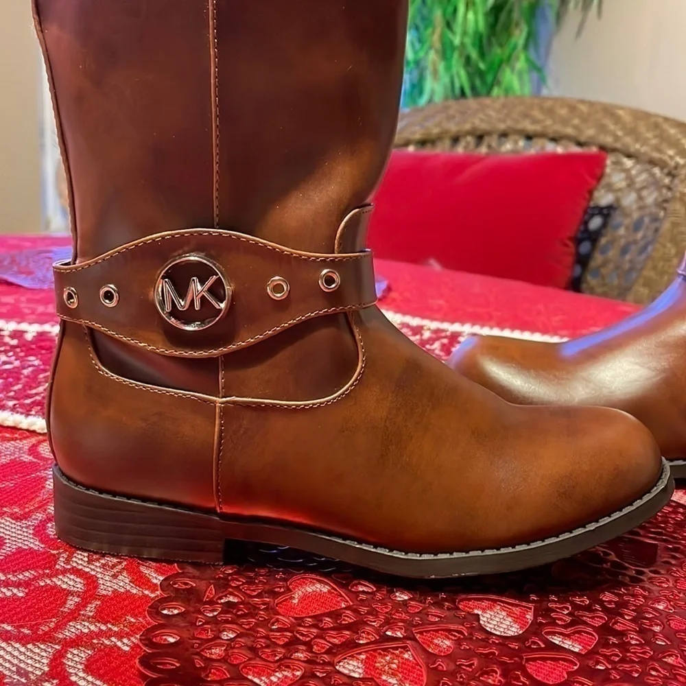 Brand New Michael Kors Girls Emma Heather Zippered Tall Riding Boots in Cognac